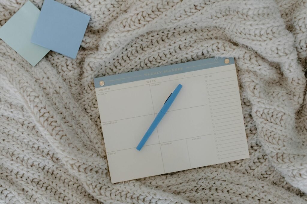 A weekly planner showing a simple bedtime and wake-time routine