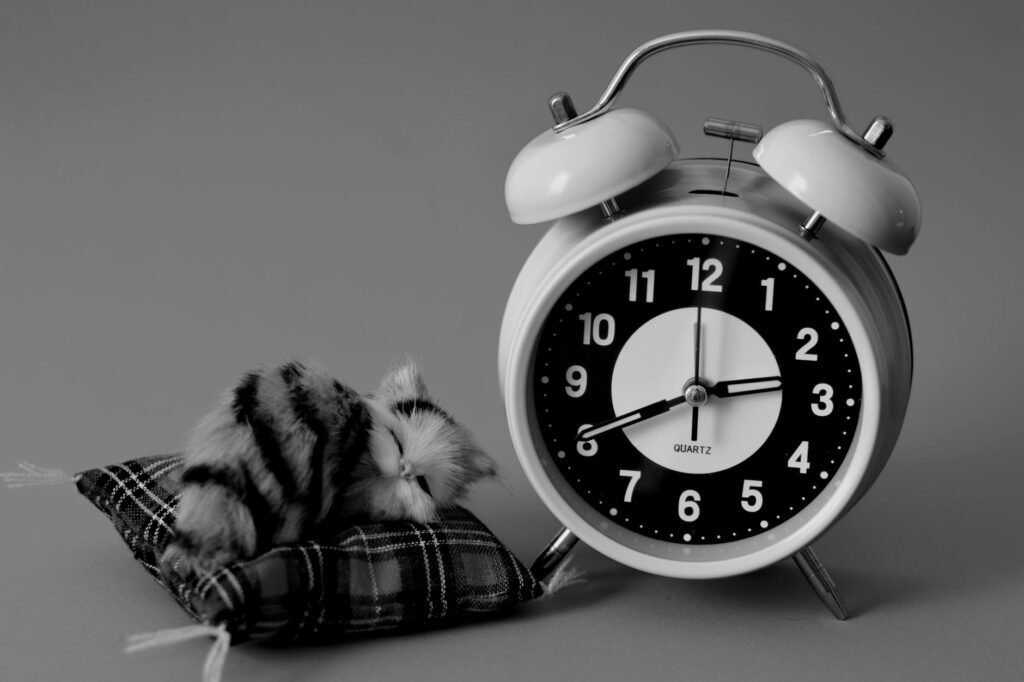 A tidy bedroom with blackout curtains and an analog clock, set up for daytime sleep.