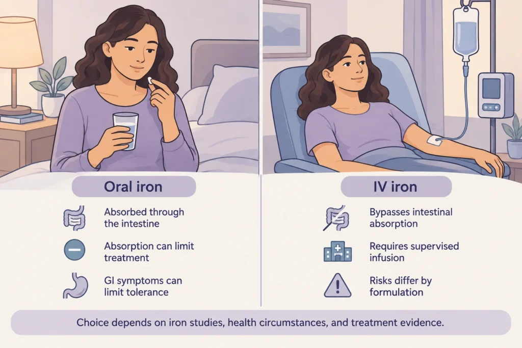 Oral iron depends on intestinal absorption; IV iron bypasses absorption but requires supervised treatment and has formulation-specific risks.