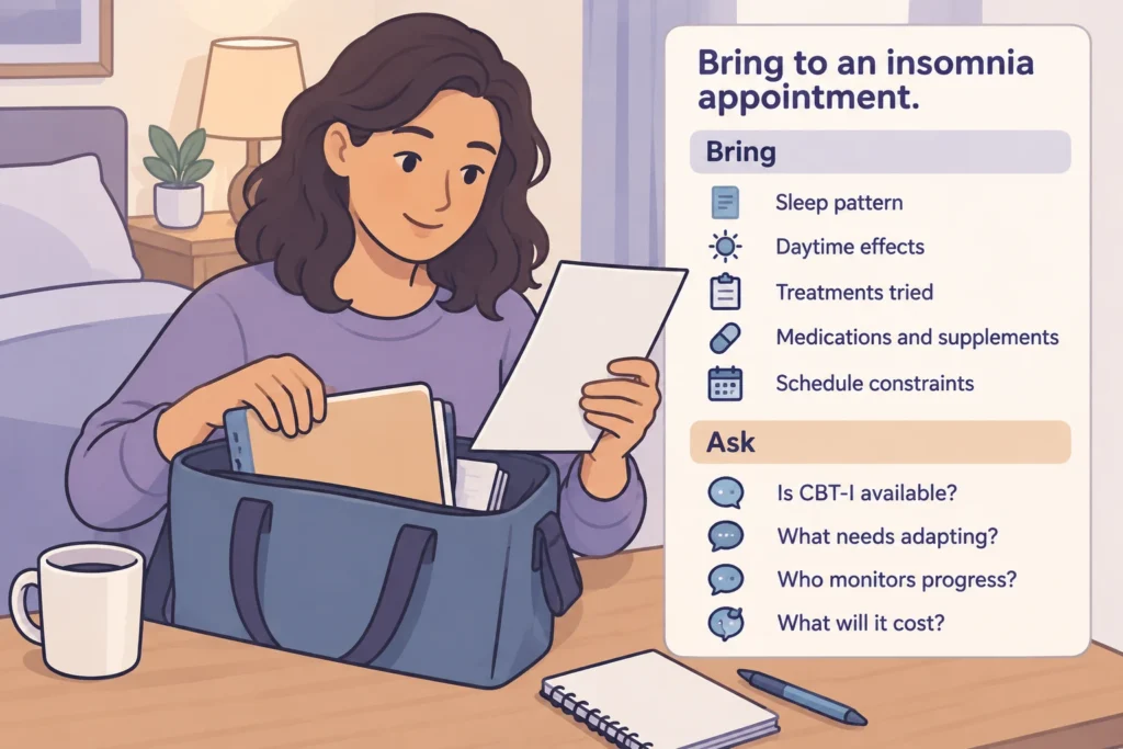 Appointment card listing sleep history, daytime effects, treatments, medications, schedule constraints, and questions about CBT-I.