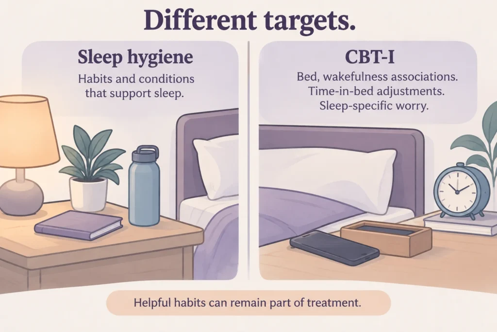 Sleep hygiene supports habits and conditions; CBT-I also addresses bed associations, time in bed, and sleep-specific worry.