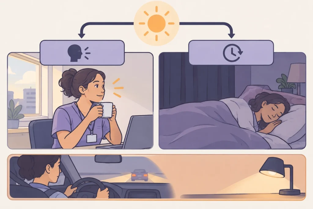 Diagram separating light’s effects on immediate alertness and body-clock timing, with visibility and task lighting prioritized.