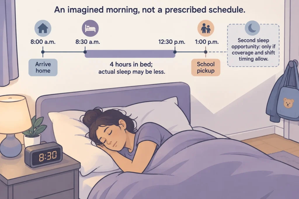 Hypothetical timeline with four hours available in bed before school pickup and a conditional second sleep opportunity.