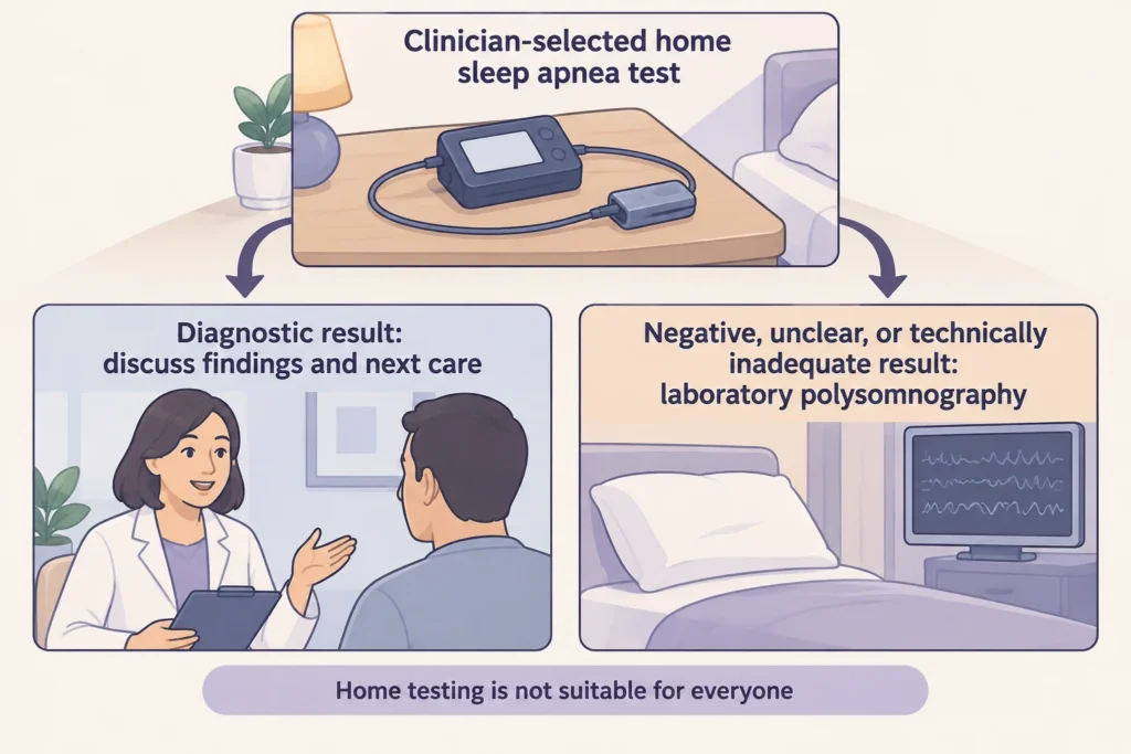 Home sleep apnea test pathway leading to laboratory polysomnography after a negative, unclear, or technically inadequate result.